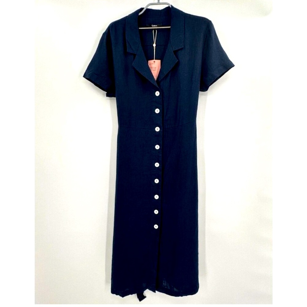 Quince Navy Blue Linen Button Front Dress XS Midi A-Line Belt Short Sleeve